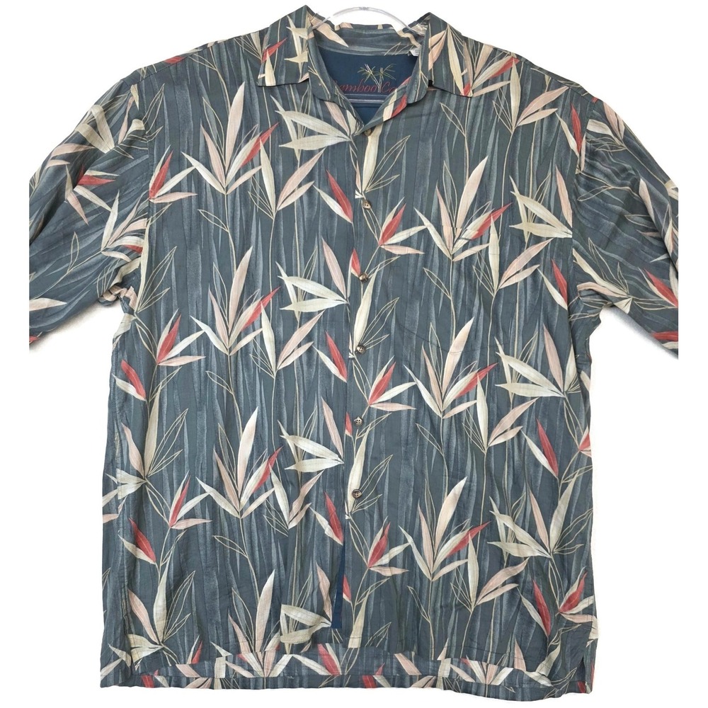 Bamboo Cay Shirt‎ Mens Large Blue Gray Bamboo Leaf Hawaiian Short Sleeve Cotton